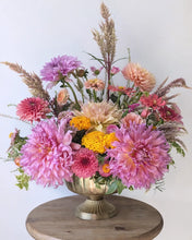 Load image into Gallery viewer, Lavish floral arrangement in gold compote vase