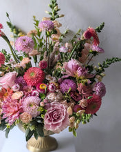 Load image into Gallery viewer, Lavish floral arrangement in gold compote vase