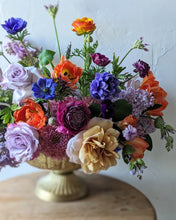 Load image into Gallery viewer, Lavish floral arrangement in gold compote vase
