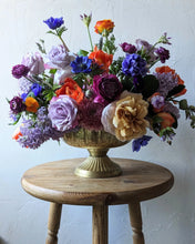 Load image into Gallery viewer, Lavish floral arrangement in gold compote vase