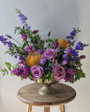 Load image into Gallery viewer, Lavish floral arrangement in gold compote vase