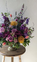 Load image into Gallery viewer, Lavish floral arrangement in gold compote vase