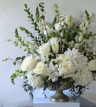 Load image into Gallery viewer, Lavish floral arrangement in gold compote vase