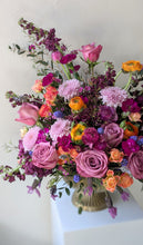 Load image into Gallery viewer, Lavish floral arrangement in gold compote vase