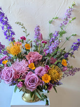 Load image into Gallery viewer, Lavish floral arrangement in gold compote vase