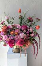 Load image into Gallery viewer, Lavish floral arrangement in gold compote vase