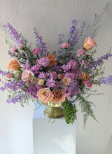 Load image into Gallery viewer, Lavish floral arrangement in gold compote vase