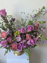 Load image into Gallery viewer, Lavish floral arrangement in gold compote vase