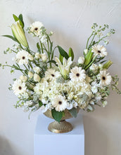 Load image into Gallery viewer, Lavish floral arrangement in gold compote vase
