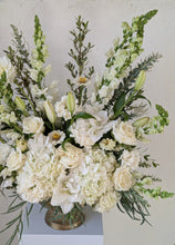 Load image into Gallery viewer, Lavish floral arrangement in gold compote vase