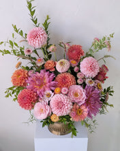 Load image into Gallery viewer, Lavish floral arrangement in gold compote vase