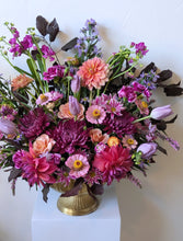 Load image into Gallery viewer, Lavish floral arrangement in gold compote vase