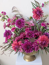 Load image into Gallery viewer, Lavish floral arrangement in gold compote vase