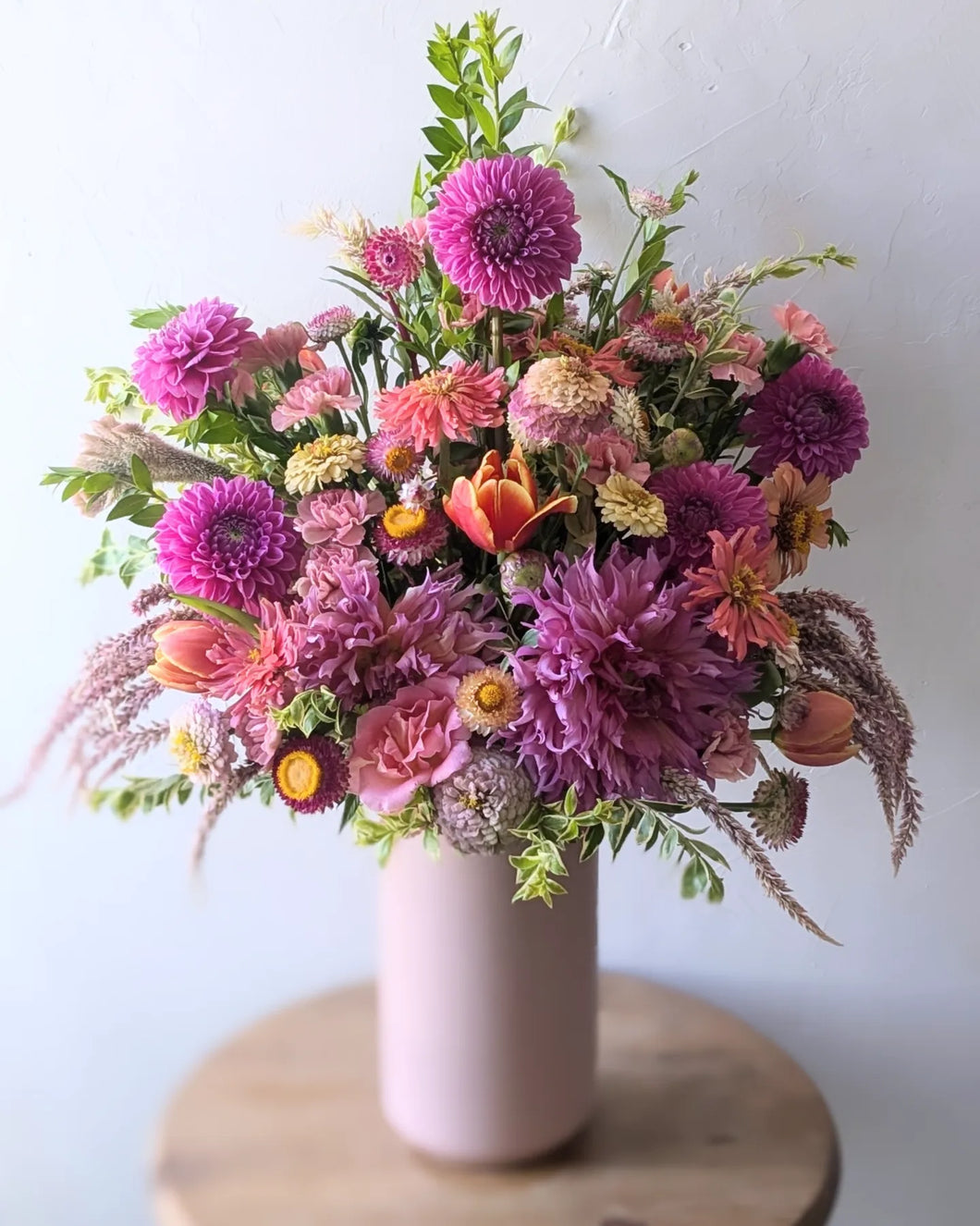 Pretty in Pink floral arrangement in a pink ceramic vase