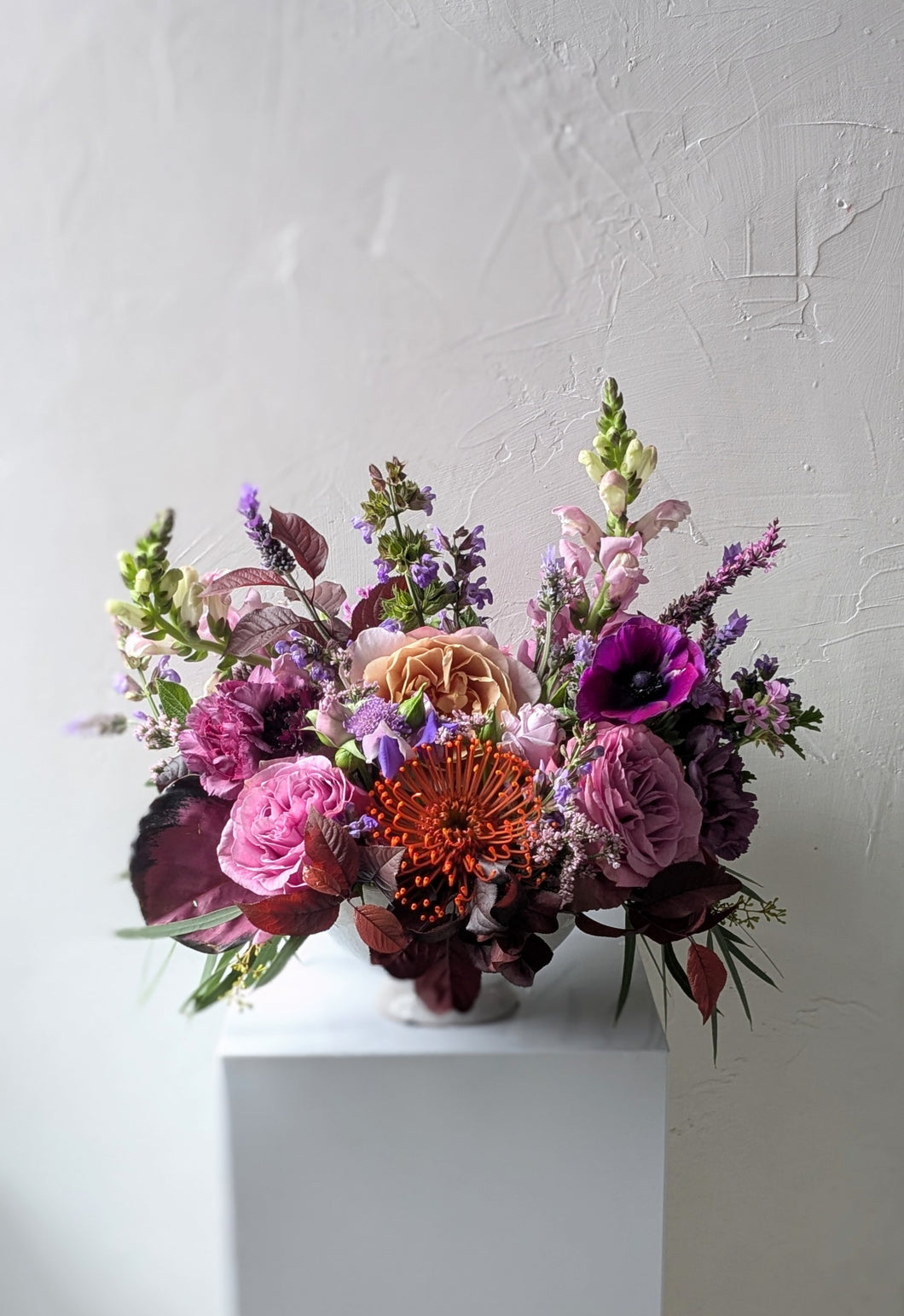 Artisan arrangement in white ceramic vessel for Local Flower Delivery