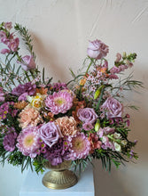 Load image into Gallery viewer, Lavish floral arrangement in gold compote vase
