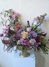 Load image into Gallery viewer, Lavish floral arrangement in gold compote vase
