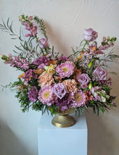 Load image into Gallery viewer, Lavish floral arrangement in gold compote vase
