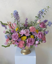 Load image into Gallery viewer, Lavish floral arrangement in gold compote vase
