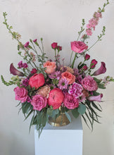 Load image into Gallery viewer, Lavish floral arrangement in gold compote vase
