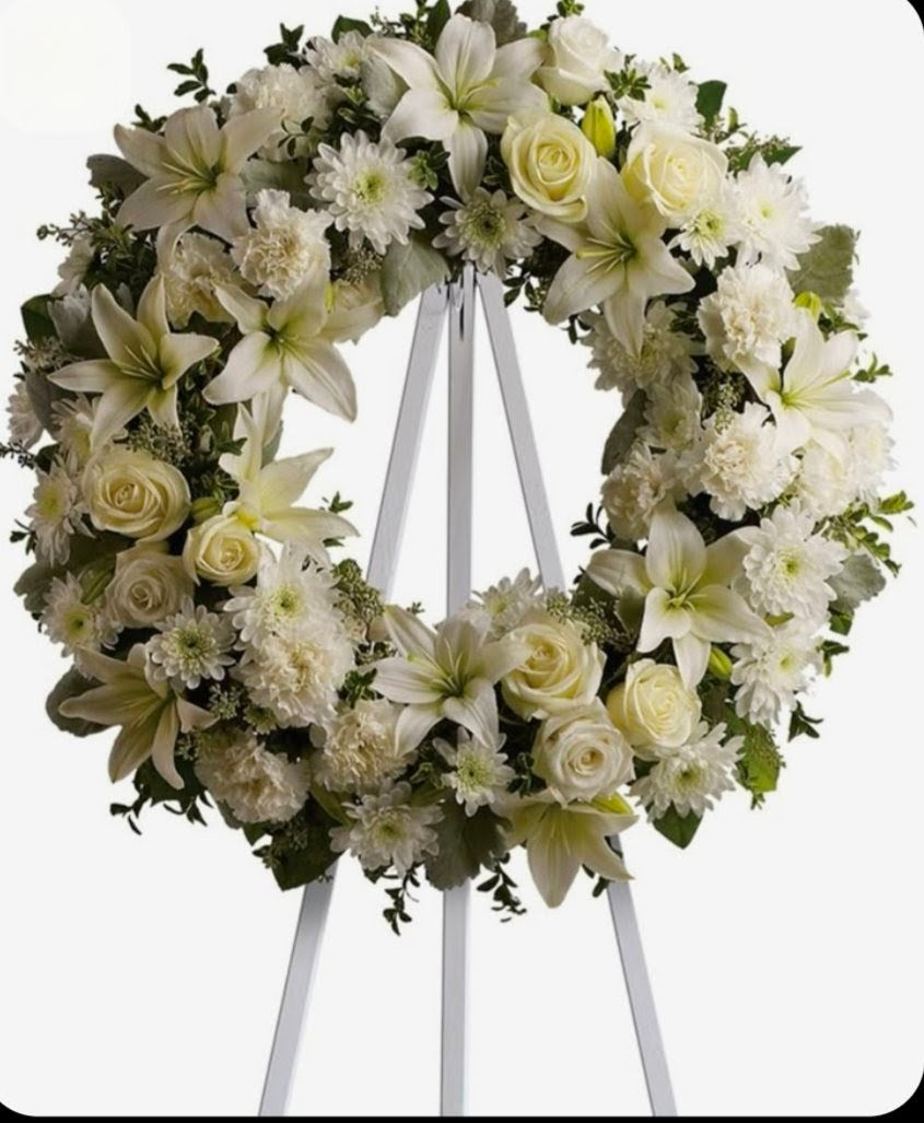 White wreath sympathy arrangement
